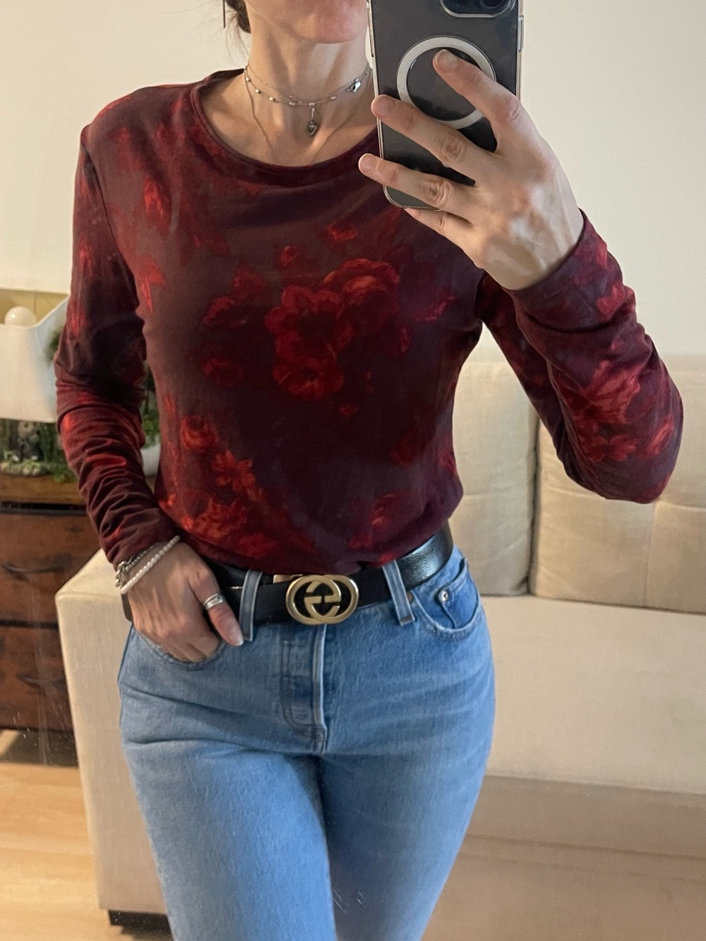 Reformation Roxana — Long- Sleeved Top with “Sanguine Rose” Print — Size L
